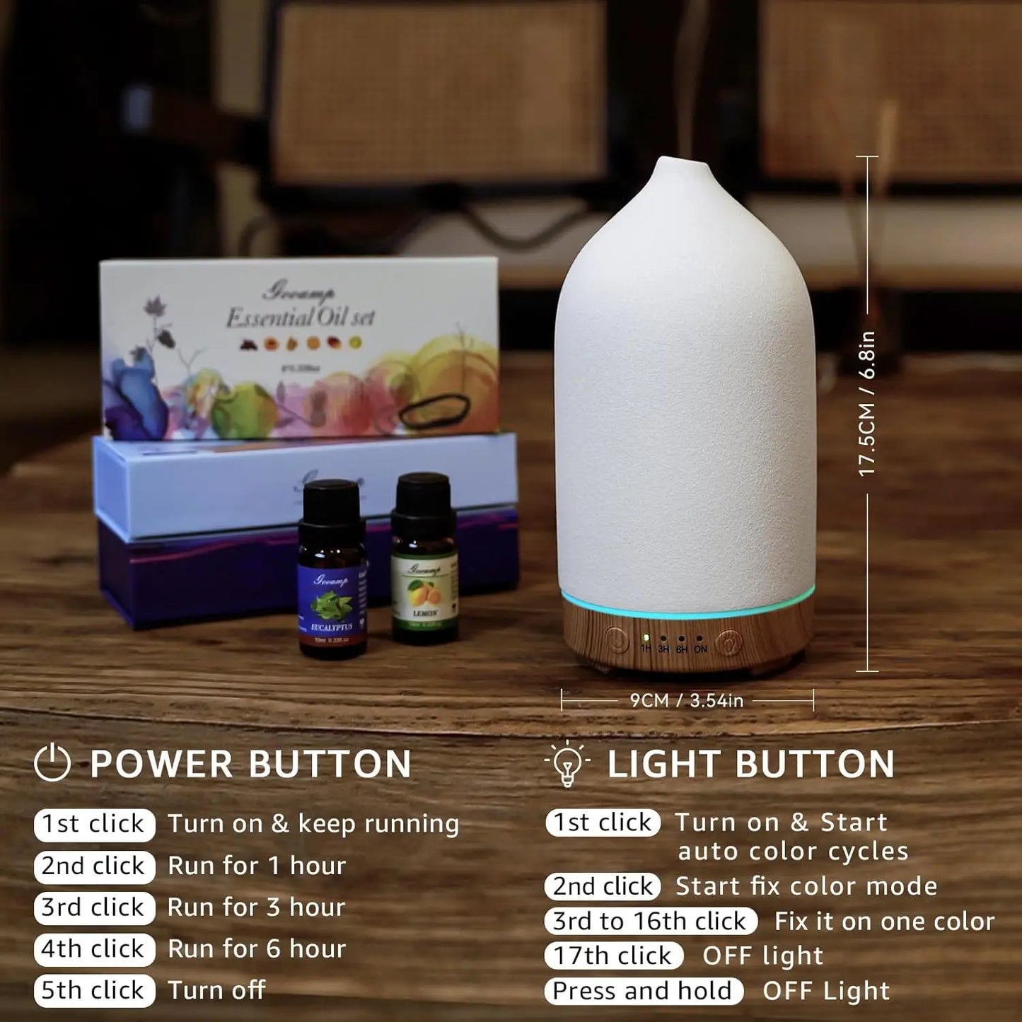 Ceramic 200ml Essential Oil Diffuser With 7 Color LED Auto Shut Off And Timer Wood Grain Base For Home Office