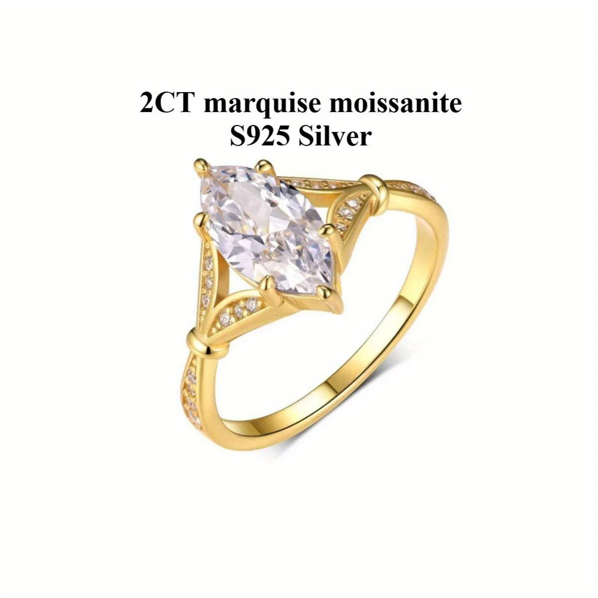 S925 Silver 2CT Marquise Moissanite Ring Fine Jewelry Plated with 18k Gold Suitable for Gift Giving Anniversary Birthday Gift