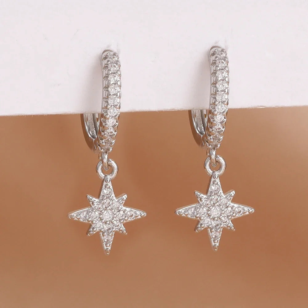 Stainless Steel Star Dangle Earrings For Women Zircon Sparkle Geometric Jewelry Fashion