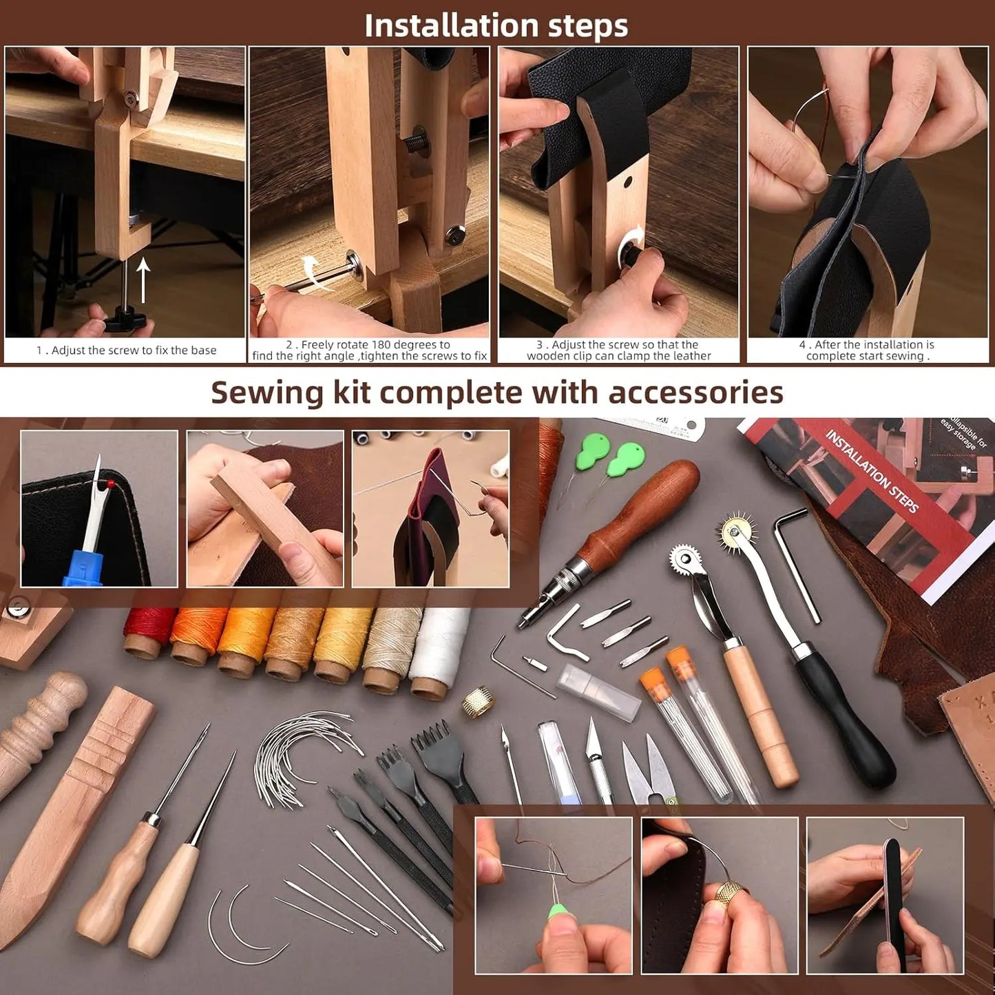 Leather Stitching Pony Clamp with Tools, DIY Leathercraft Repair Kit for Hand Sewing and Crafting