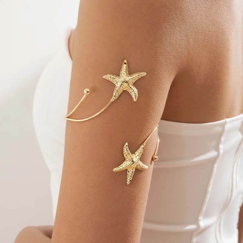Fashion Metal Starfish Cuff Bracelet For Women Gold Color Geometric Punk Style Open Adjustable Arm Jewelry