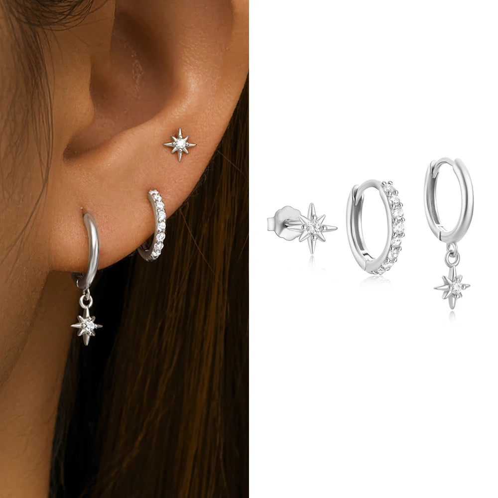 3 Piece Gold Color Star Earrings Set For Women Zircon Pendant Stainless Steel Hoop Earrings Jewelry Wedding