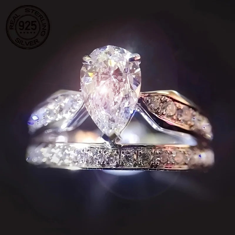 Elegant Double Layer 925 Sterling Silver Ring With Zirconia Water Drop Design White Gold Plated Wedding Band For Women