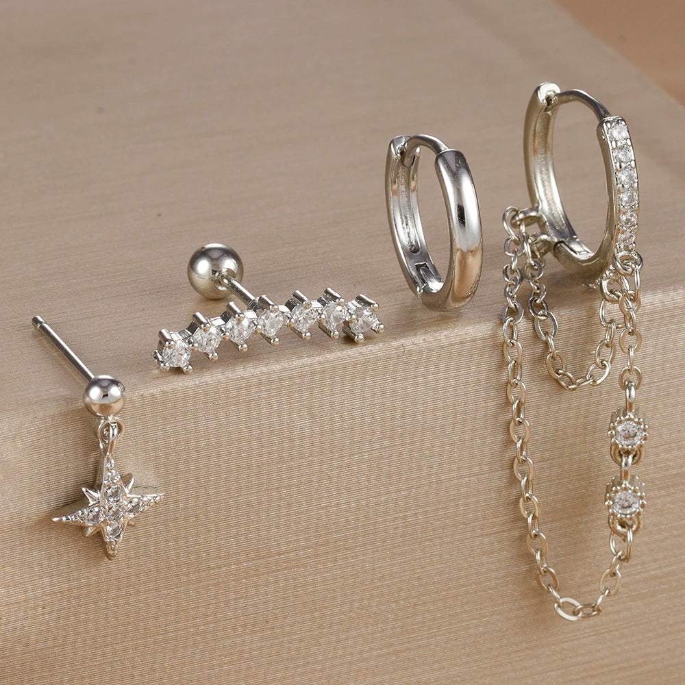 Four Piece Stainless Steel Crystal Zirconia Huggies Hoop Earrings Set for Women Star Chain Cartilage Piercing Jewelry