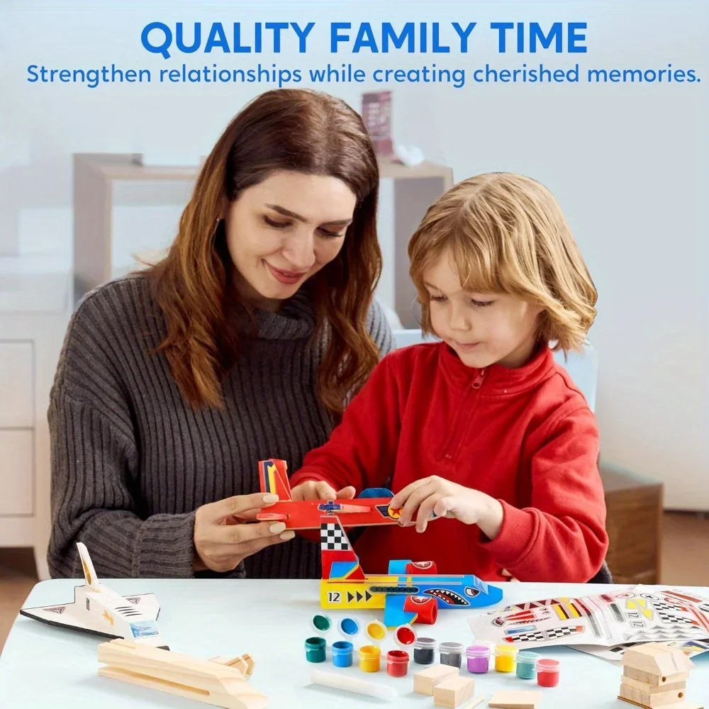 JOYFY 4Pcs DIY Wooden Aircrafts-Build & Paint Your Own Wooden Airplane Craft Kit Easy to Assemble for Boys 6-12 Birthday Gifts
