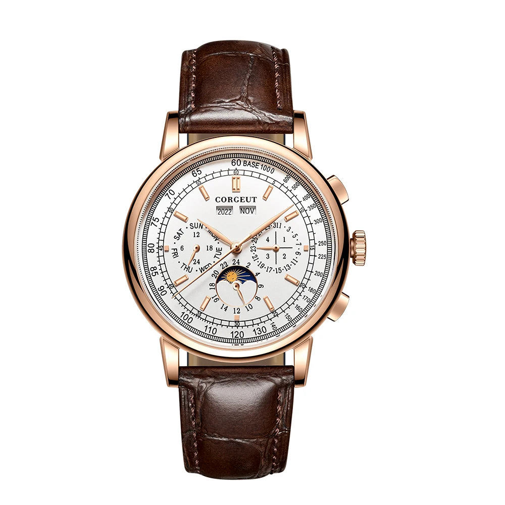 Corgeut 42mm Automatic Mens Watch Rose Gold Case Moon Phase Full Calendar Week Display Leather Strap Stainless Steel