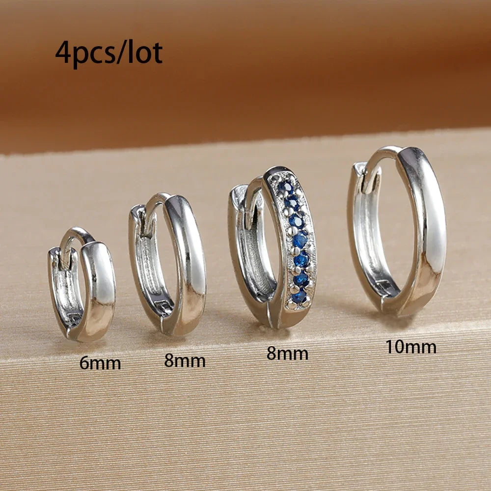 4Pcs Set Stainless Steel Huggie Minimal Hoop Earrings 6mm 8mm 10mm Crystal Zirconia Helix Tragus Cartilage Earrings