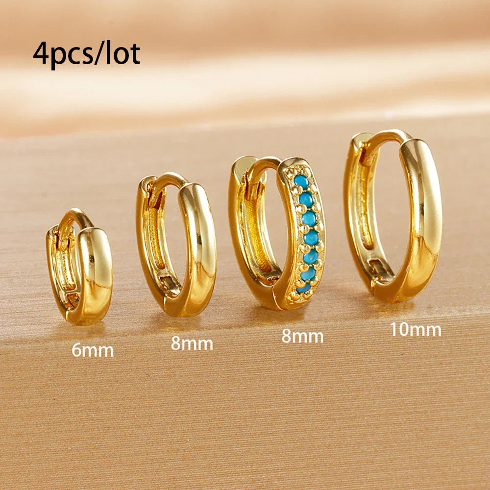 4Pcs Set Stainless Steel Huggie Minimal Hoop Earrings 6mm 8mm 10mm Crystal Zirconia Helix Tragus Cartilage Earrings