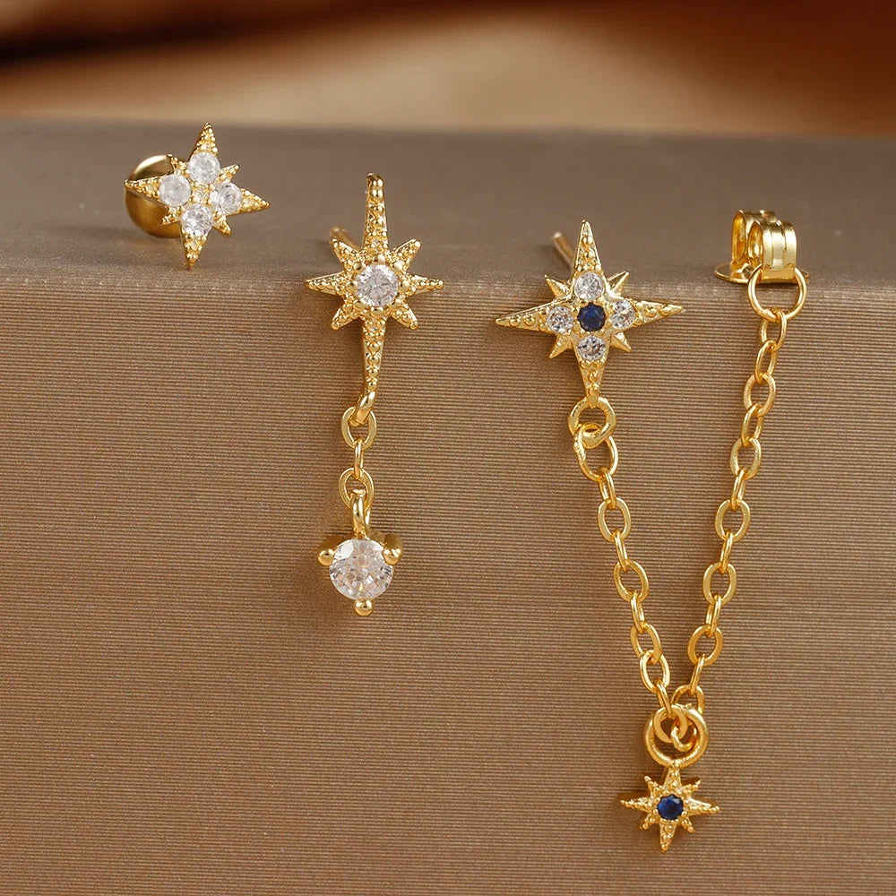 3 Piece Gold Color Star Earrings Set For Women Zircon Pendant Stainless Steel Hoop Earrings Jewelry Wedding