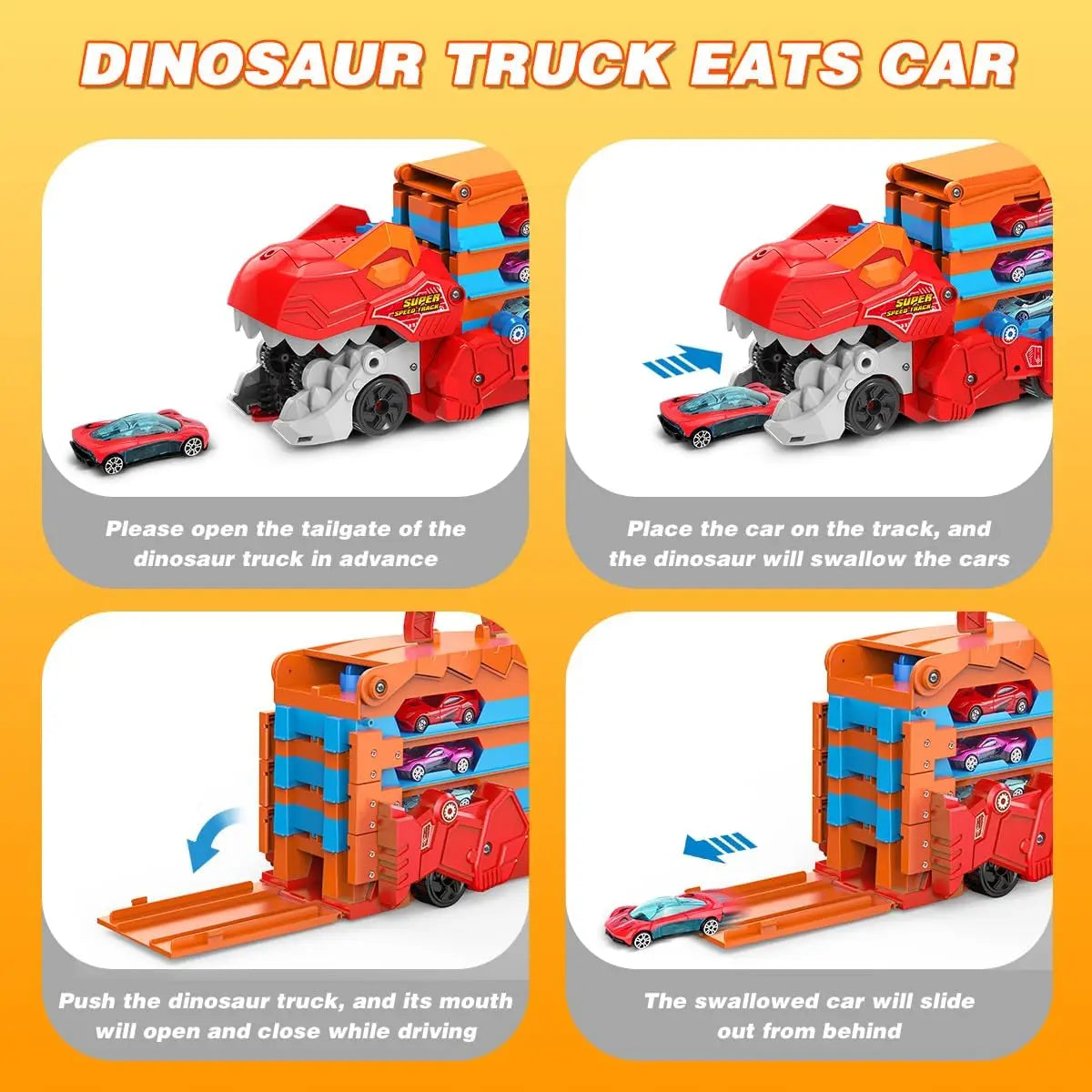 3 In 1 Dinosaur Transport Truck With 8 Race Cars And Ejecting Sound Portable Track For Kids Ages 3 And Up