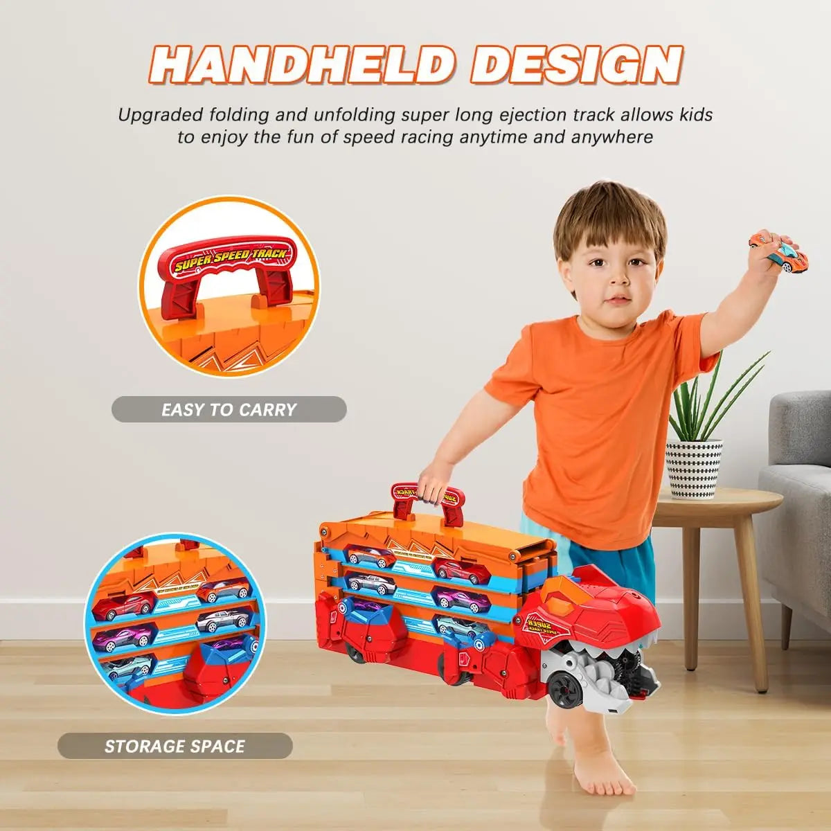 3 In 1 Dinosaur Transport Truck With 8 Race Cars And Ejecting Sound Portable Track For Kids Ages 3 And Up