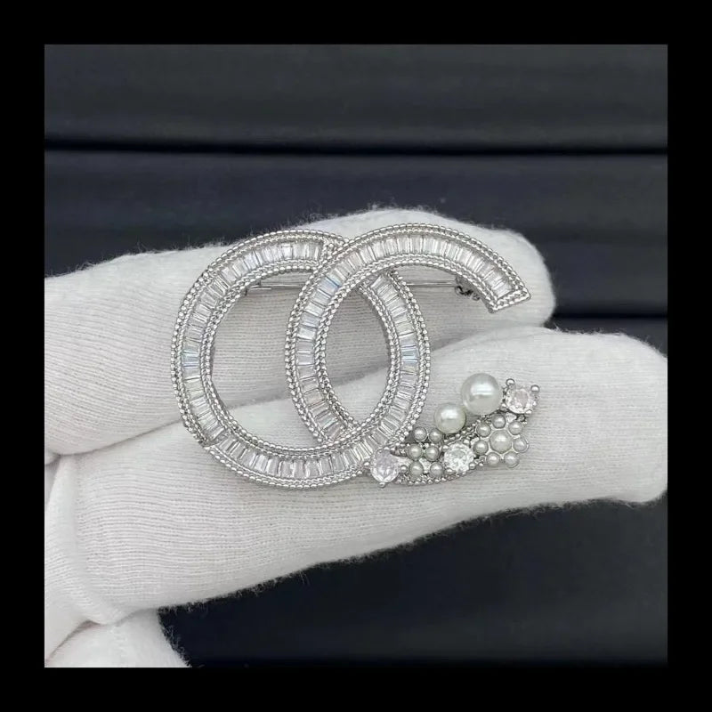 Diamond Encrusted Double Brooch With Pearl Accents Anti Light Pin Versatile Corsage For Men And Women