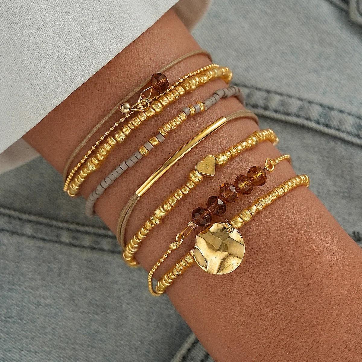 7Pcs Set Bohemian Heart Beads Bracelets For Women With Crystal Round Pendants Elastic Stretch Jewelry Gift