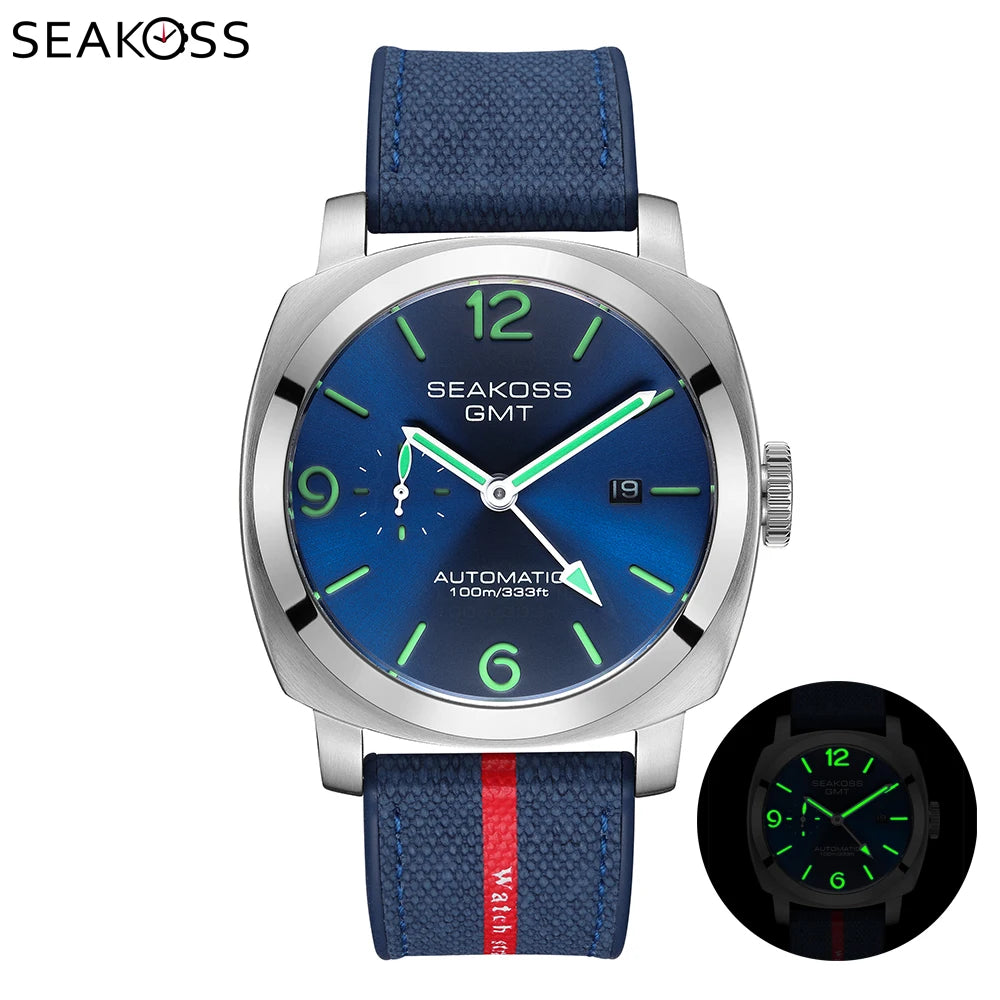 SEAKOSS Men GMT Automatic Mechanical Watches Super Luminous Calendar Original Seagull ST2557 Movement Nylon Rubber Wristwatches