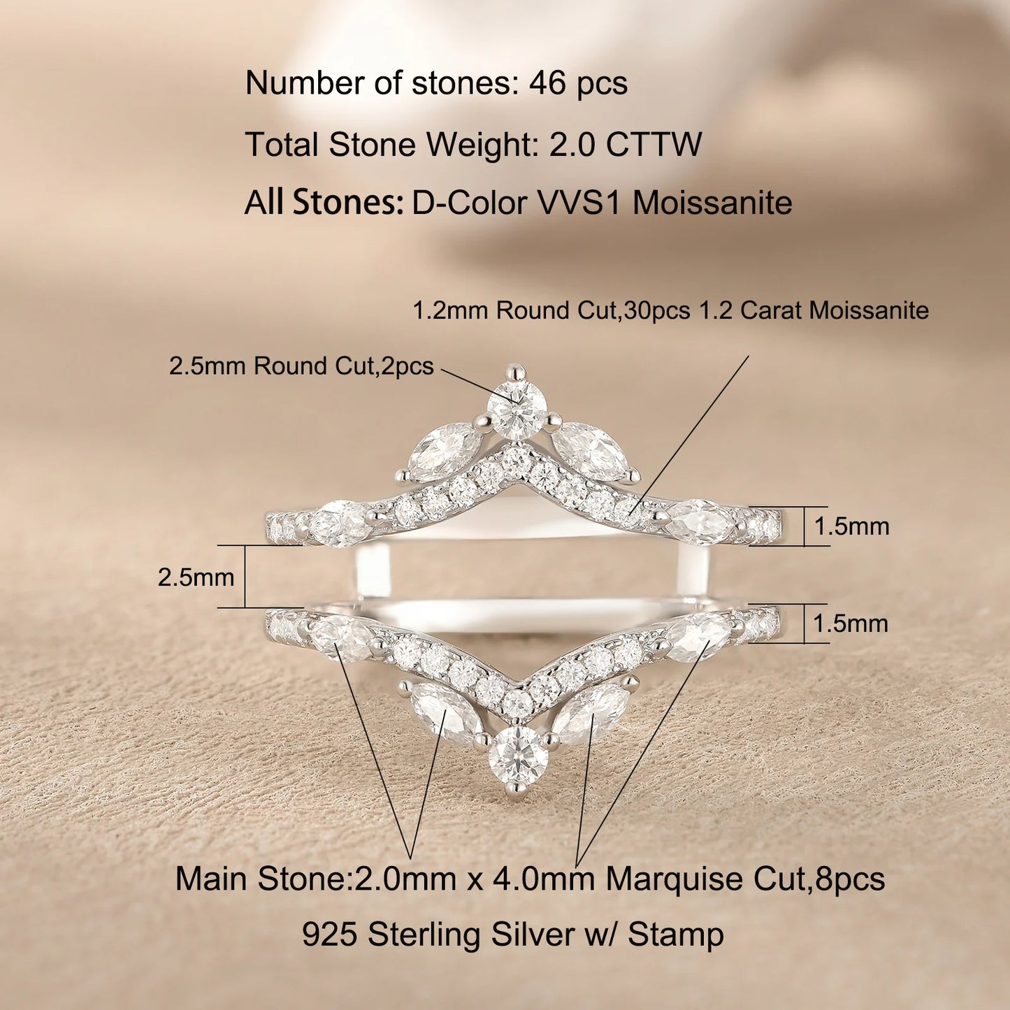 Newshe 925 Sterling Silver Moissanite/Zircons Wedding Ring Enhancers for Women Adjustable Crown Guard Band