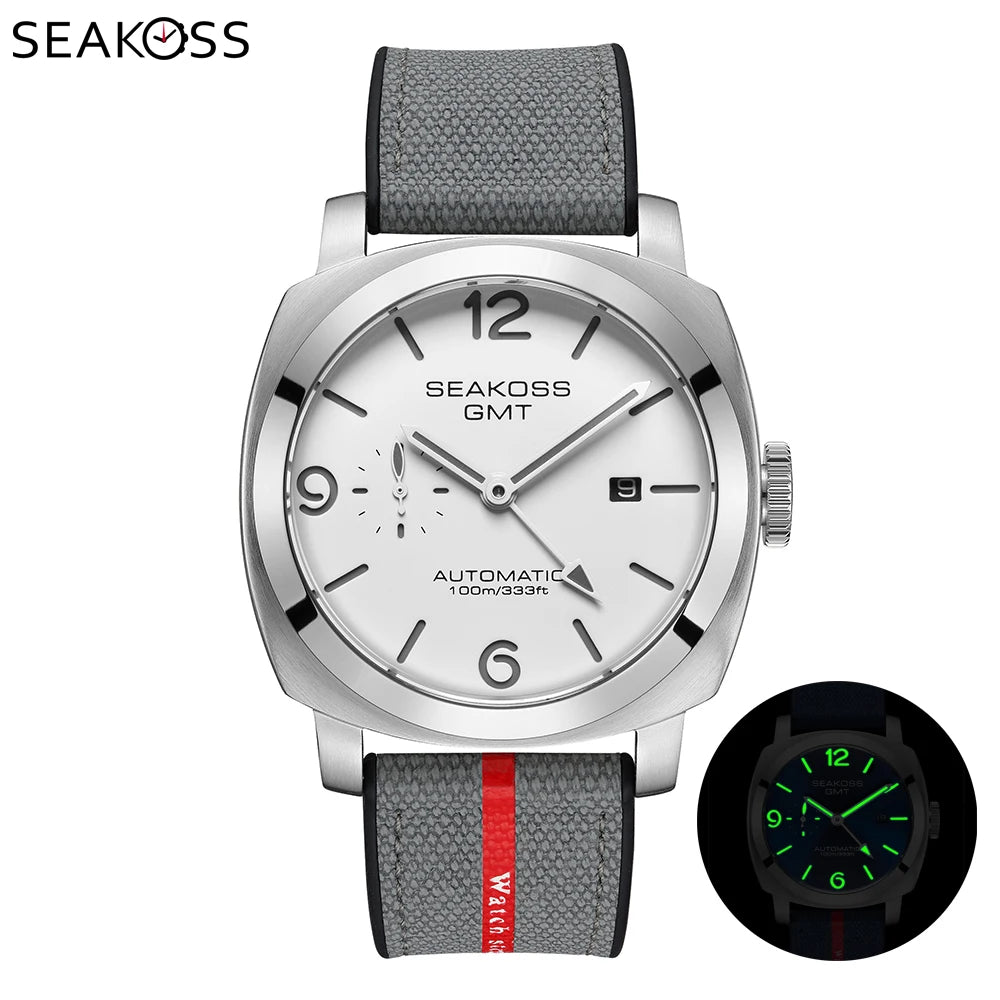 SEAKOSS Men GMT Automatic Mechanical Watches Super Luminous Calendar Original Seagull ST2557 Movement Nylon Rubber Wristwatches