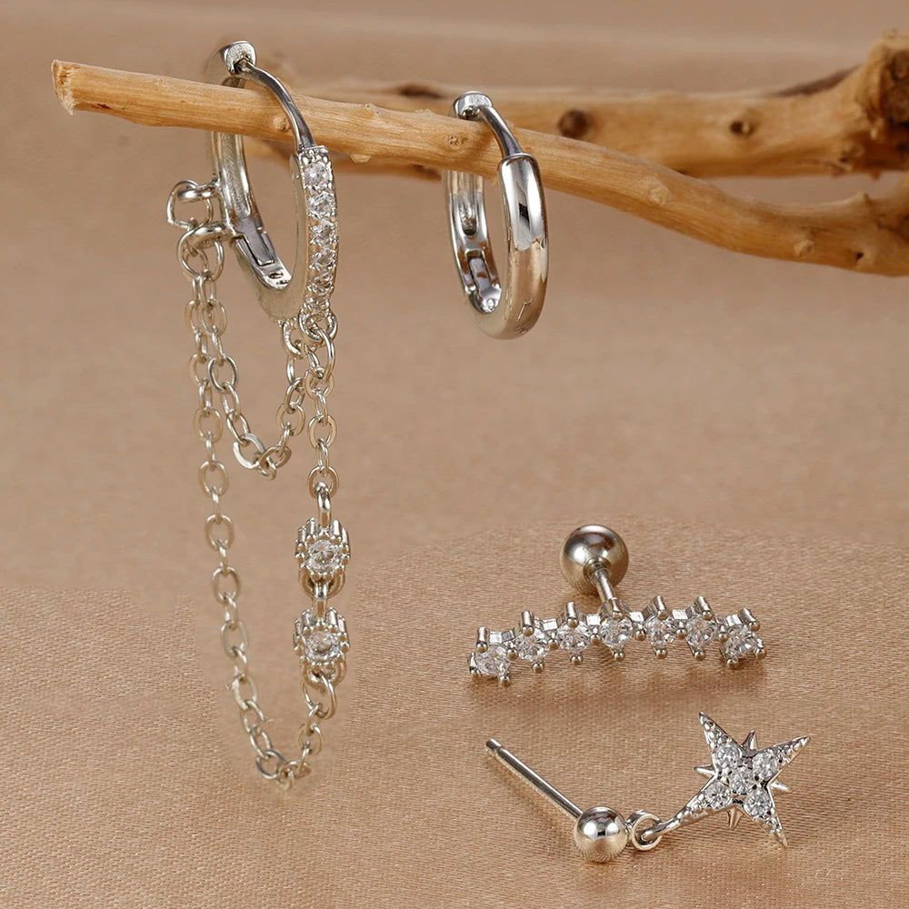 Four Piece Stainless Steel Crystal Zirconia Huggies Hoop Earrings Set for Women Star Chain Cartilage Piercing Jewelry