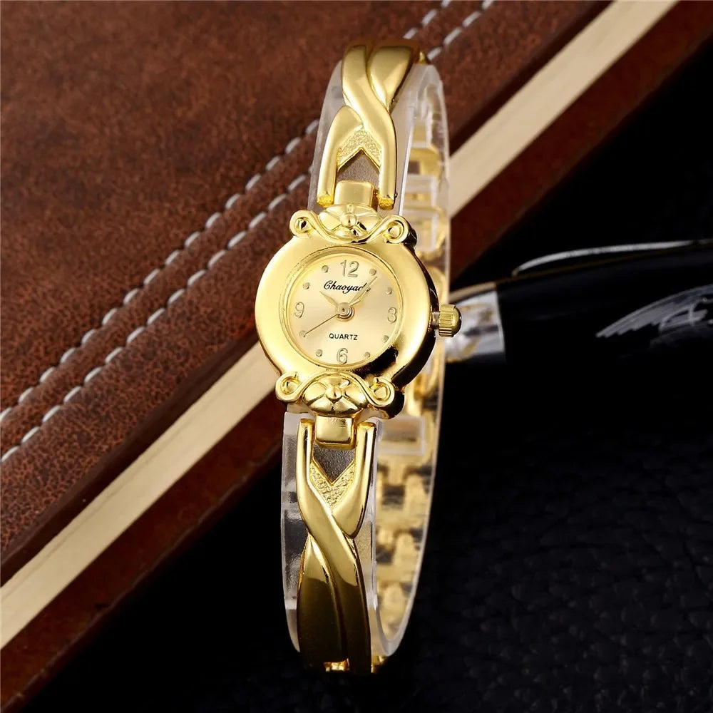 Fashion Gold Vintage Womens Watch Luxury Elegant Quartz Timepiece With Pattern Bracelet For Casual To Couture Looks