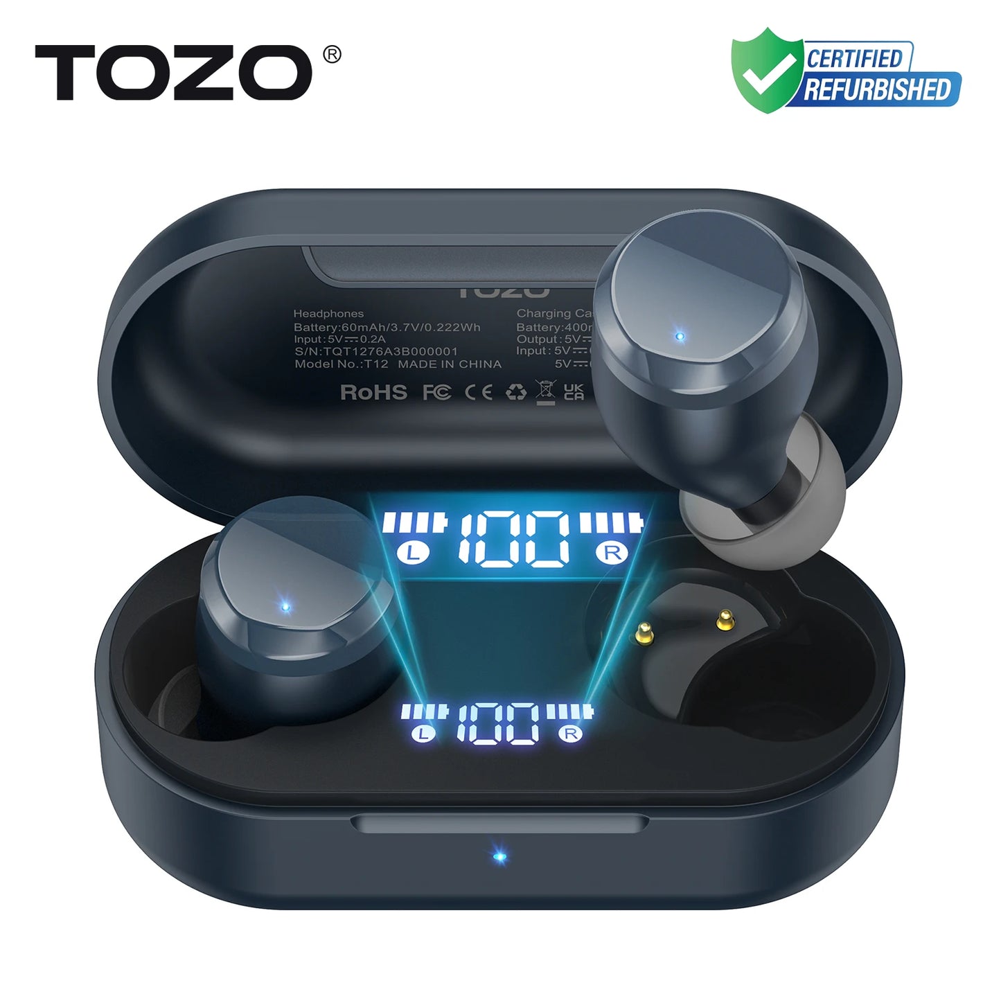 Refurbished TOZO Tonal Dots Headsets TWS In Ear Sport Earbuds Built-in LED Display ENC Calls Clear Touch Control Sound Stereo