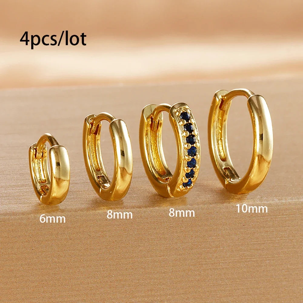 4Pcs Set Stainless Steel Huggie Minimal Hoop Earrings 6mm 8mm 10mm Crystal Zirconia Helix Tragus Cartilage Earrings