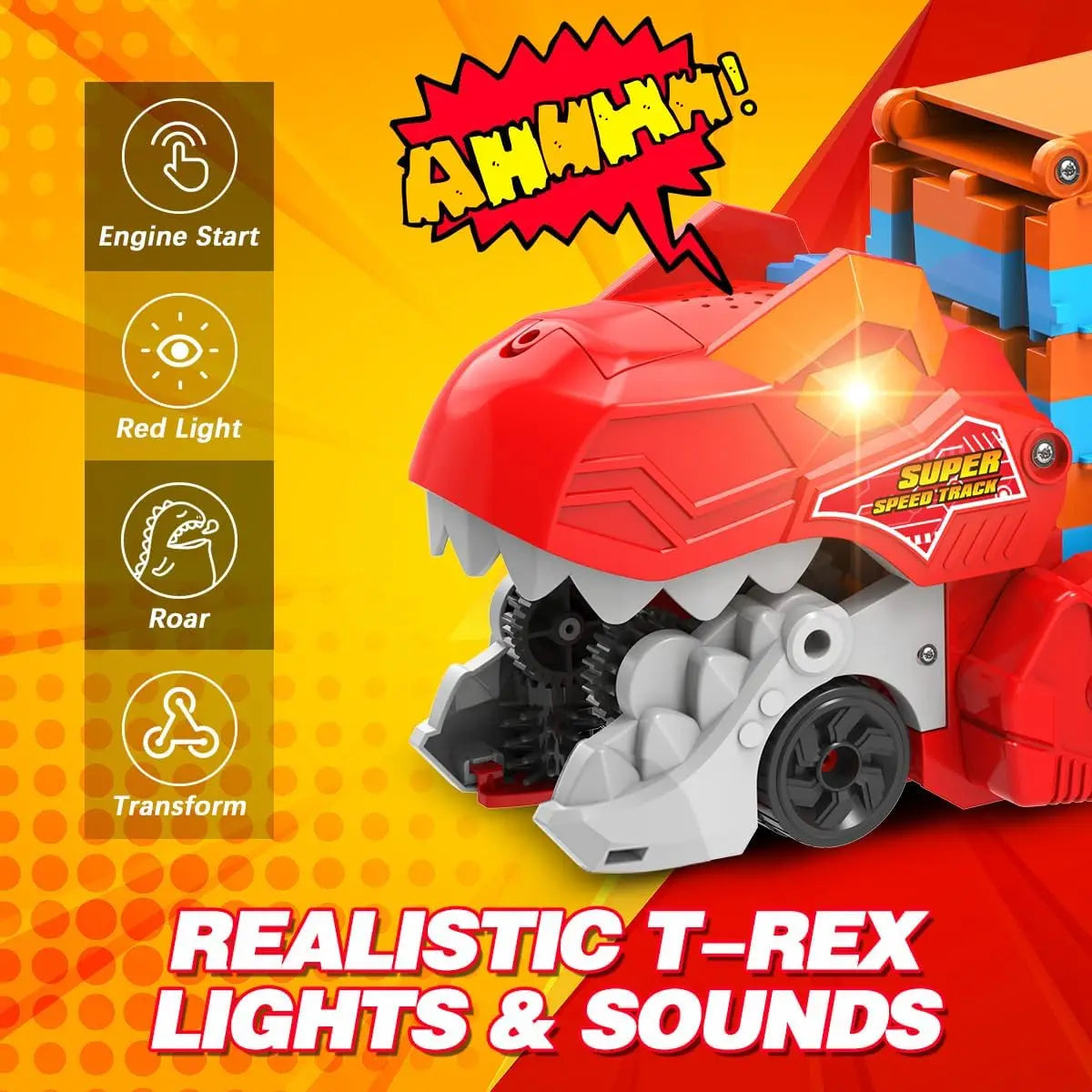 3 In 1 Dinosaur Transport Truck With 8 Race Cars And Ejecting Sound Portable Track For Kids Ages 3 And Up