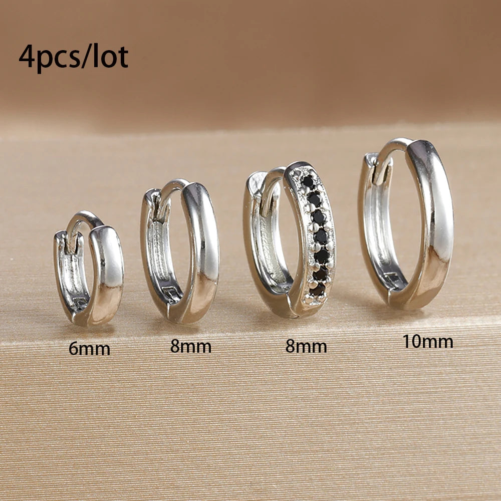 4Pcs Set Stainless Steel Huggie Minimal Hoop Earrings 6mm 8mm 10mm Crystal Zirconia Helix Tragus Cartilage Earrings