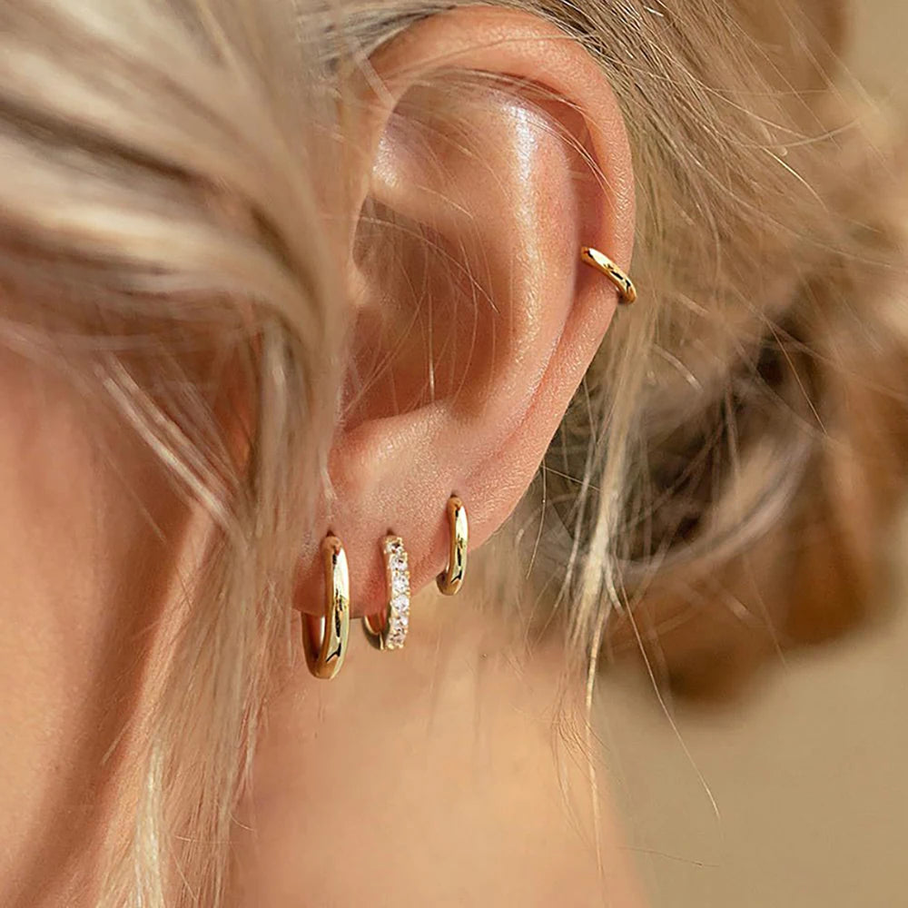 4Pcs Set Stainless Steel Huggie Minimal Hoop Earrings 6mm 8mm 10mm Crystal Zirconia Helix Tragus Cartilage Earrings