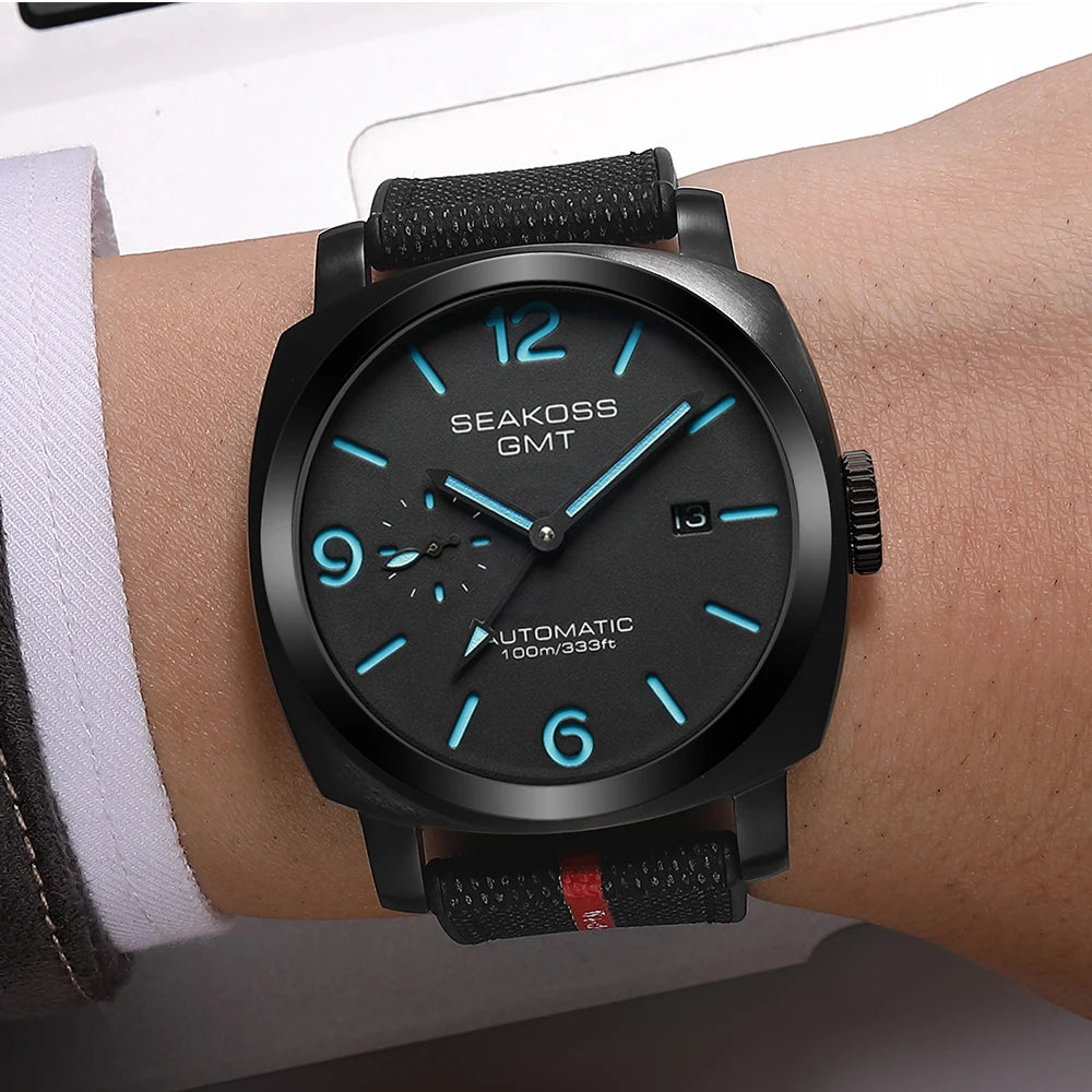 SEAKOSS Men GMT Automatic Mechanical Watches Super Luminous Calendar Original Seagull ST2557 Movement Nylon Rubber Wristwatches