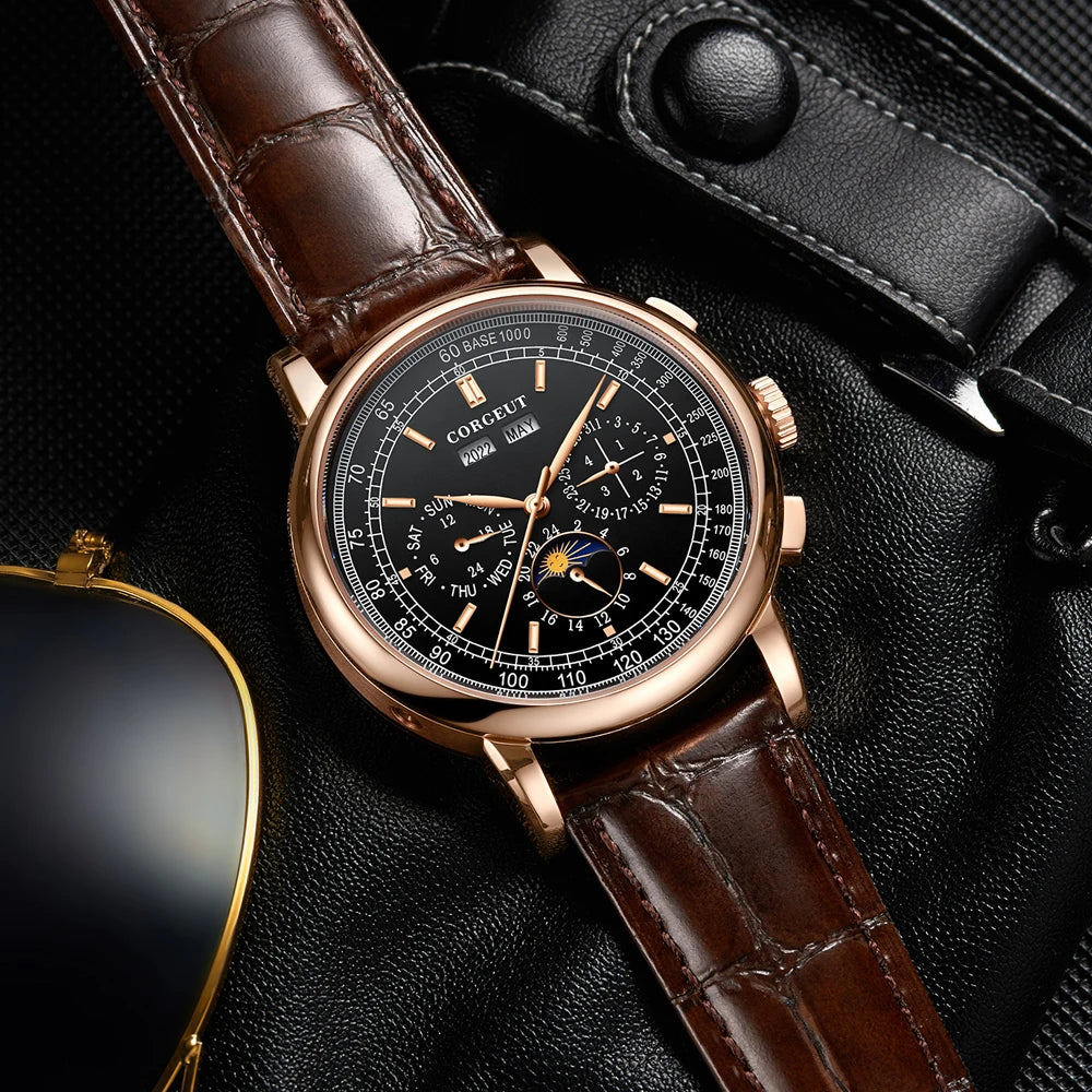 Corgeut 42mm Automatic Mens Watch Rose Gold Case Moon Phase Full Calendar Week Display Leather Strap Stainless Steel
