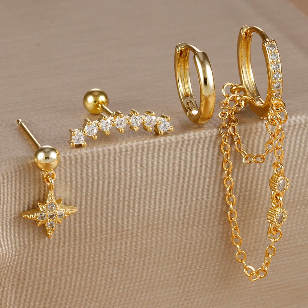 Four Piece Stainless Steel Crystal Zirconia Huggies Hoop Earrings Set for Women Star Chain Cartilage Piercing Jewelry