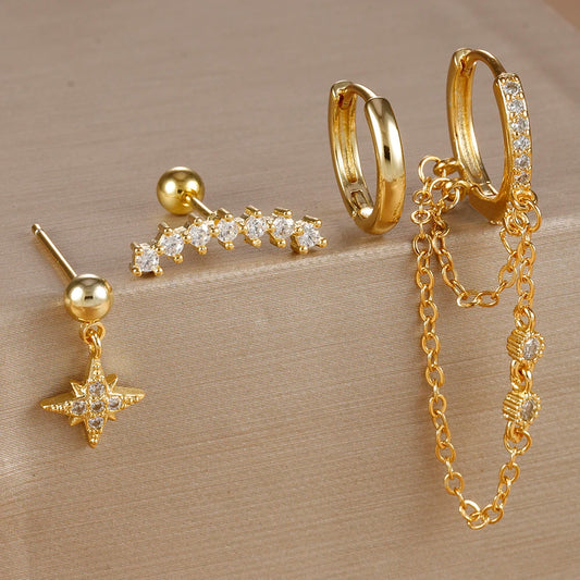 Four Piece Stainless Steel Crystal Zirconia Huggies Hoop Earrings Set for Women Star Chain Cartilage Piercing Jewelry