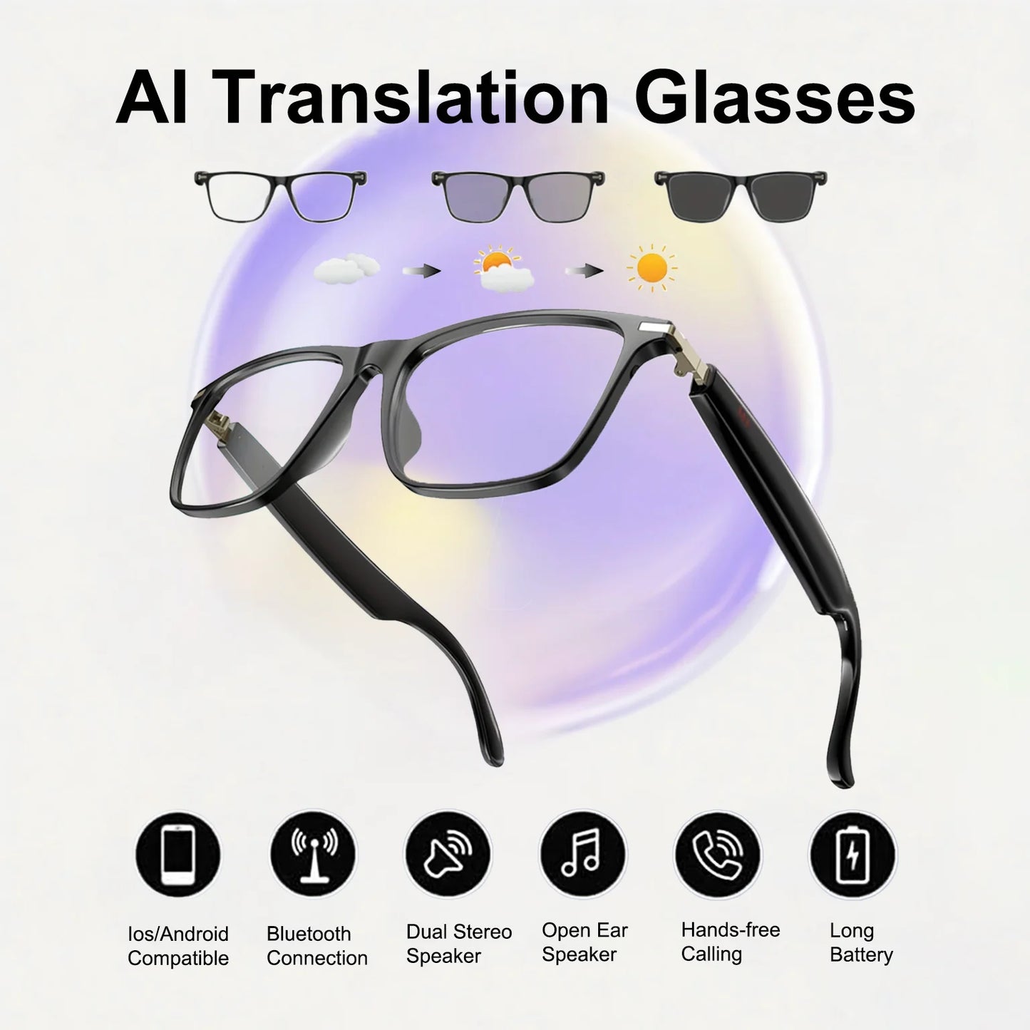 Giinova AI Translation Smart Glasses With Photochromic Lenses Real Time Translation In 160 Languages Bluetooth