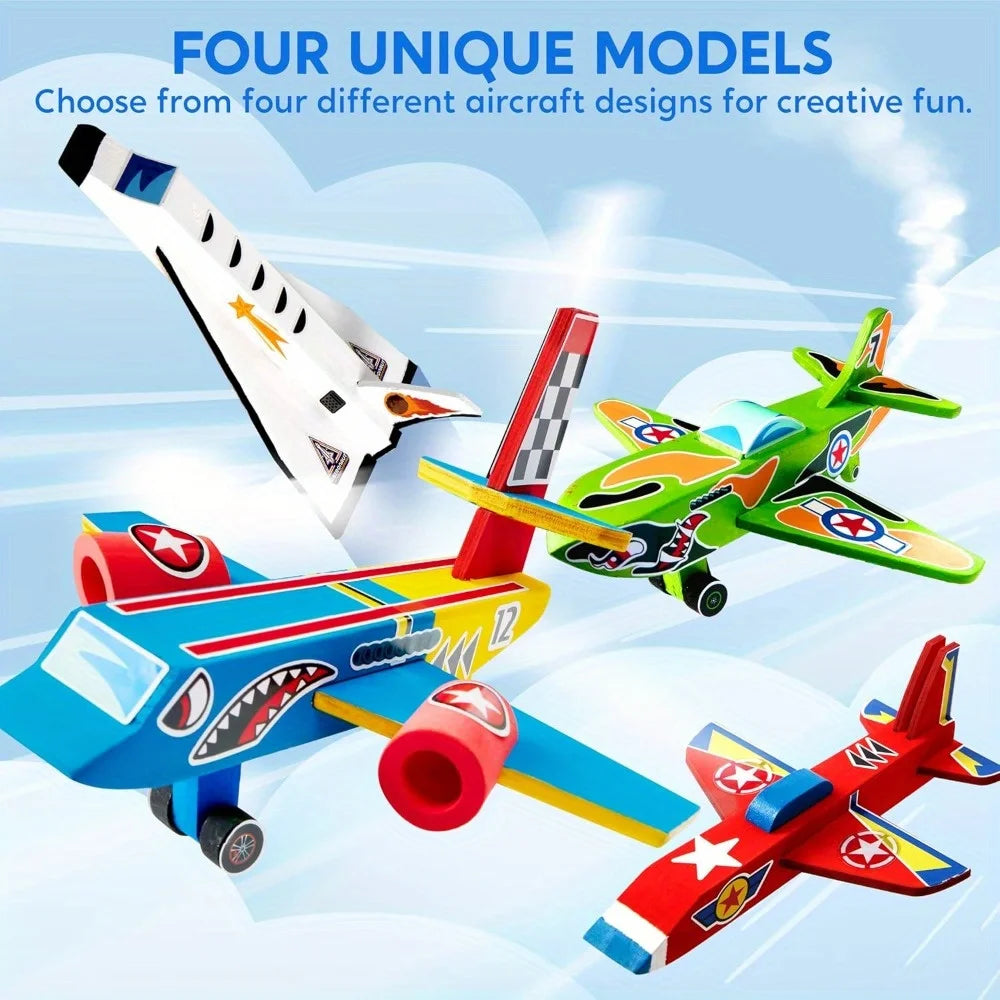 JOYFY 4Pcs DIY Wooden Aircrafts-Build & Paint Your Own Wooden Airplane Craft Kit Easy to Assemble  for Boys 6-12 Birthday Gifts