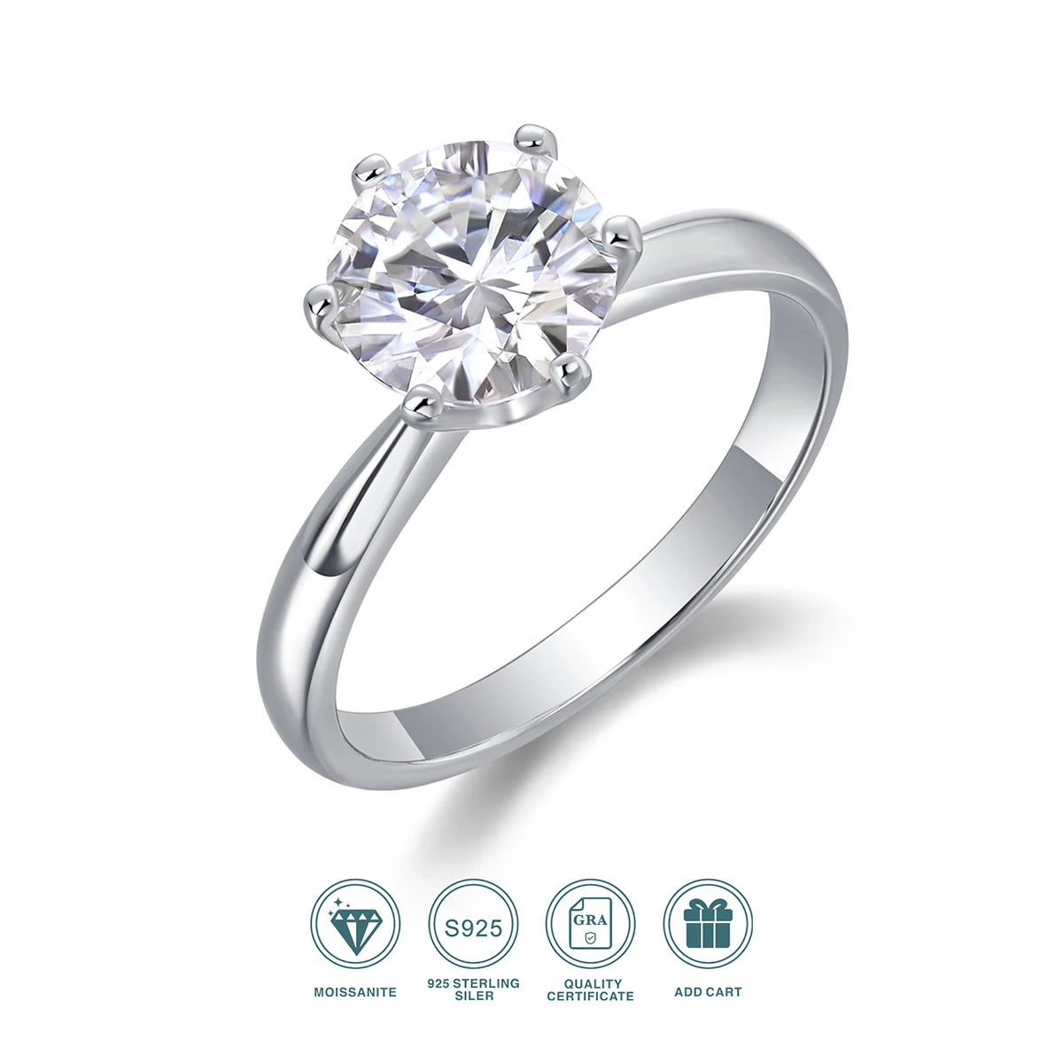 Jiuzuan Moissanite Ring Six Prong 1ct 2ct 3ct 925 Silver Plated 18K Gold Classic Engagement Ring