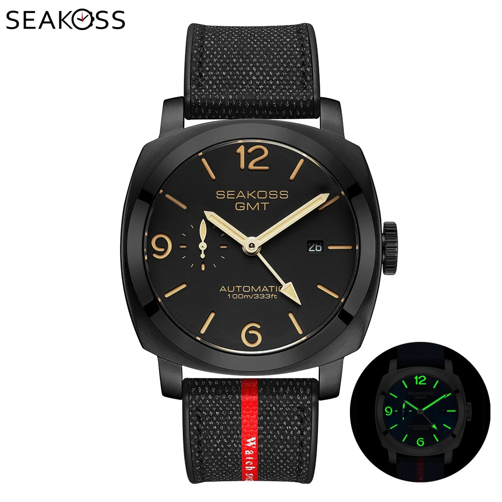 SEAKOSS Men GMT Automatic Mechanical Watches Super Luminous Calendar Original Seagull ST2557 Movement Nylon Rubber Wristwatches