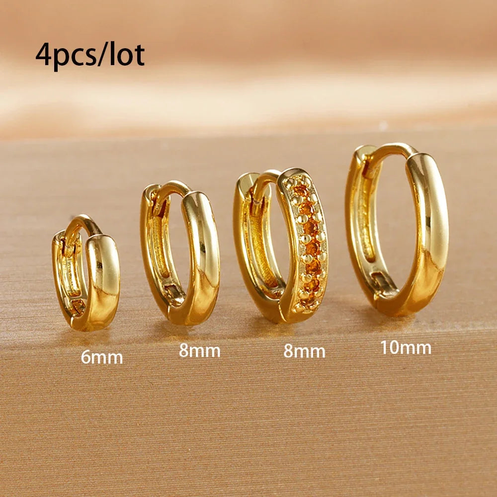 4Pcs Set Stainless Steel Huggie Minimal Hoop Earrings 6mm 8mm 10mm Crystal Zirconia Helix Tragus Cartilage Earrings