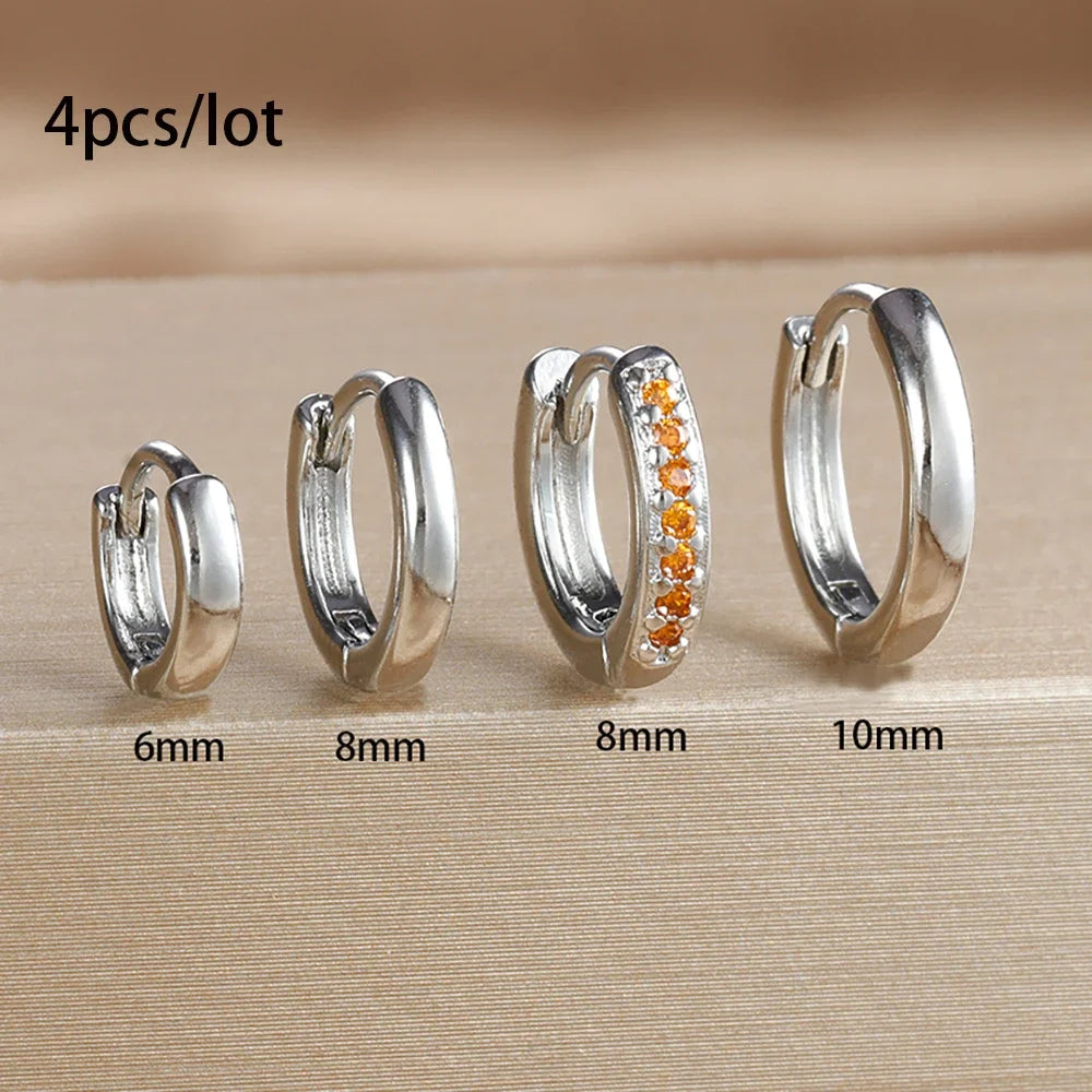 4Pcs Set Stainless Steel Huggie Minimal Hoop Earrings 6mm 8mm 10mm Crystal Zirconia Helix Tragus Cartilage Earrings