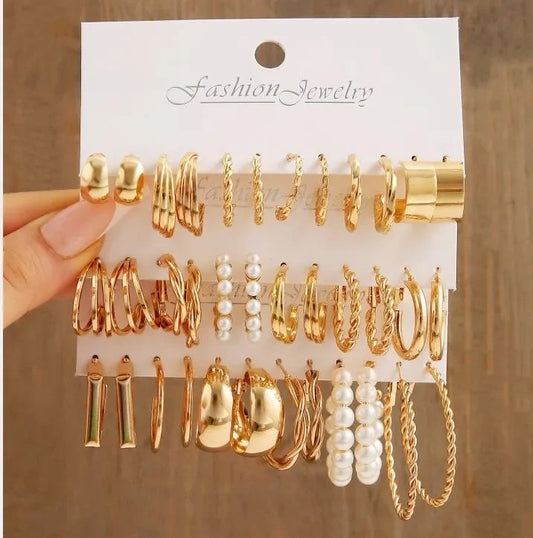 24 Pairs Women Earrings Set Gold Tone Bohemian Vintage Pearl Circle Hoop Collection Trendy Luxury Jewelry Gifts