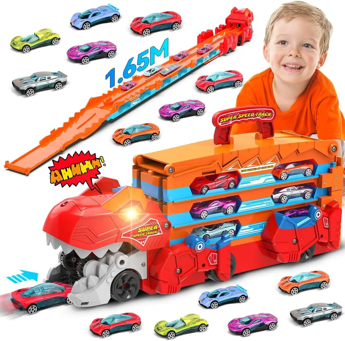 3 In 1 Dinosaur Transport Truck With 8 Race Cars And Ejecting Sound Portable Track For Kids Ages 3 And Up