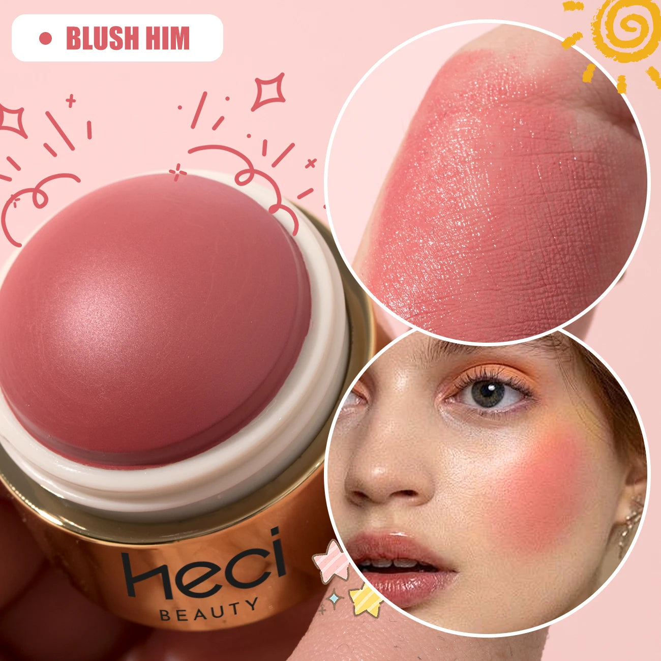 HECI Beauty Cream Blush Ball High Pigment Formula Semi Matte Finish Blendable Color Eyes Lips Cheeks Highlight Stick