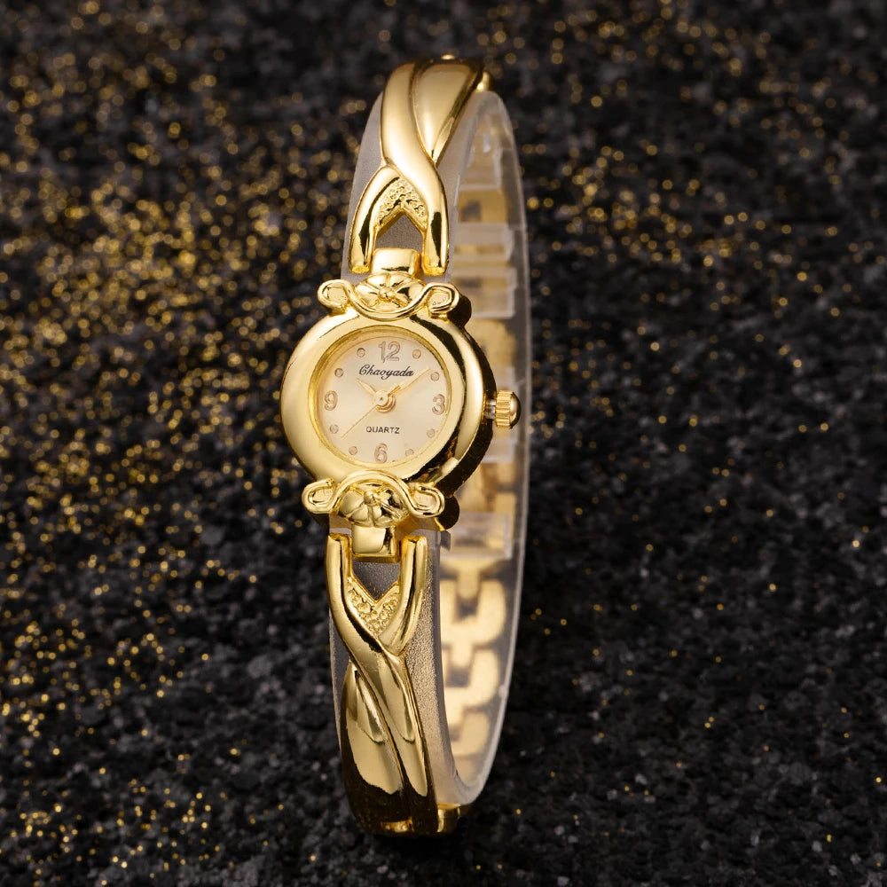 Fashion Gold Vintage Womens Watch Luxury Elegant Quartz Timepiece With Pattern Bracelet For Casual To Couture Looks