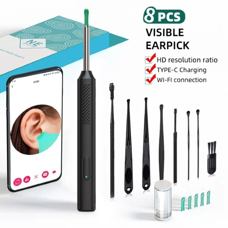 Ear Wax Removal Camera Endoscope Set 1080P HD with LED Light App Viewing USB Rechargeable 6 Spoon Heads