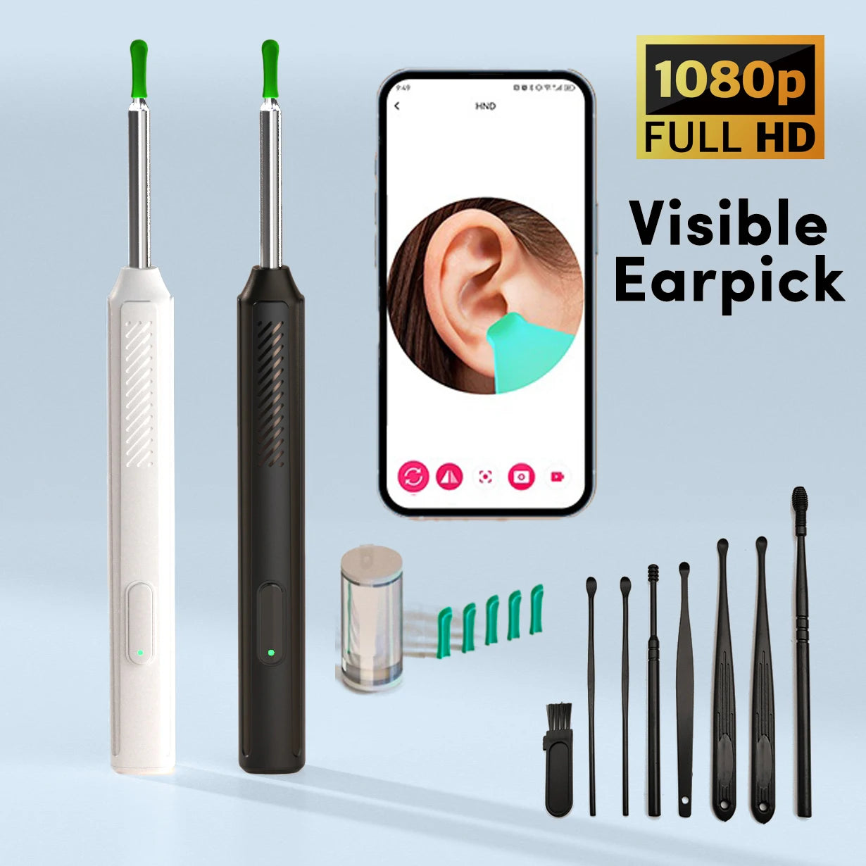 Ear Wax Removal Camera Endoscope Set 1080P HD with LED Light App Viewing USB Rechargeable 6 Spoon Heads