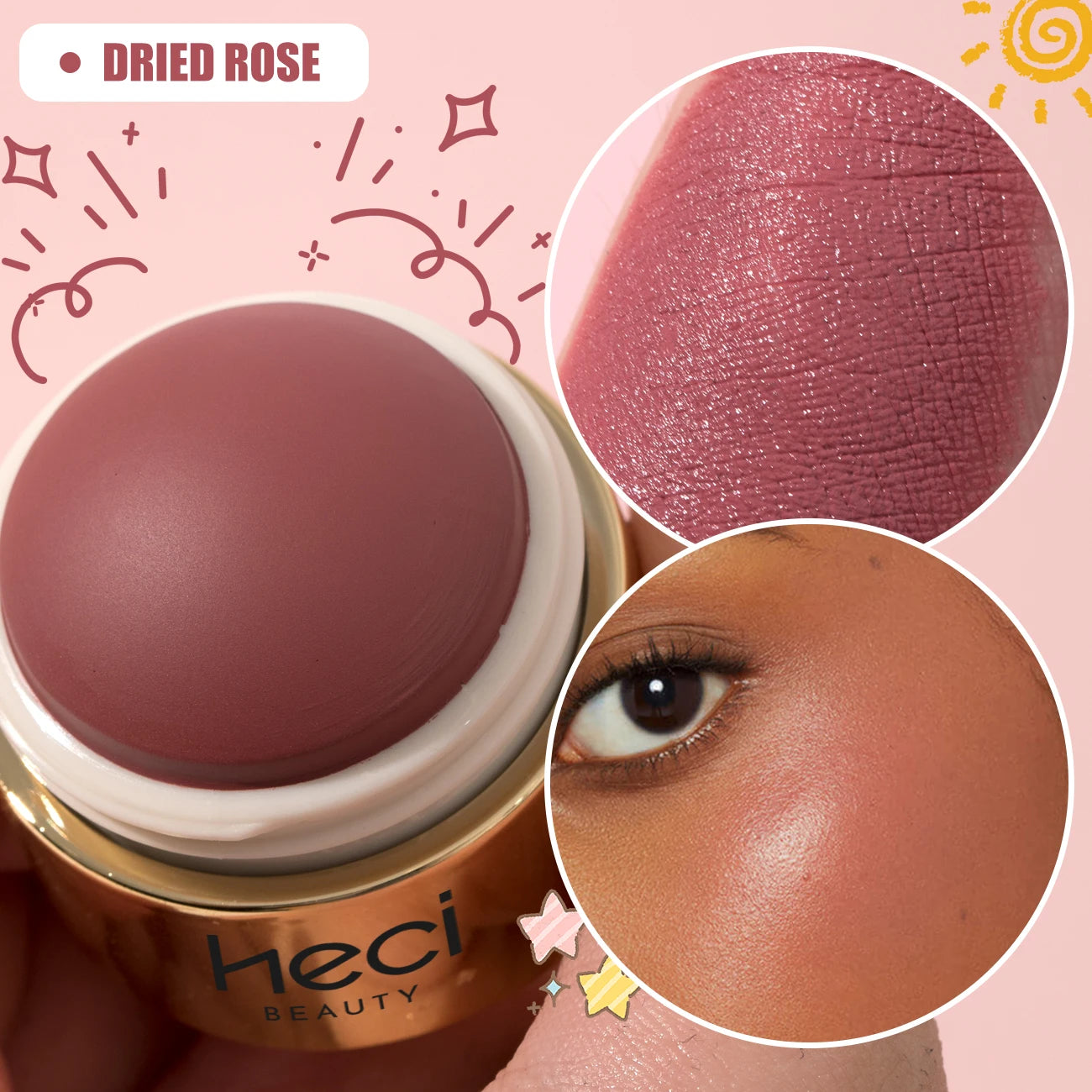 HECI Beauty Cream Blush Ball High Pigment Formula Semi Matte Finish Blendable Color Eyes Lips Cheeks Highlight Stick