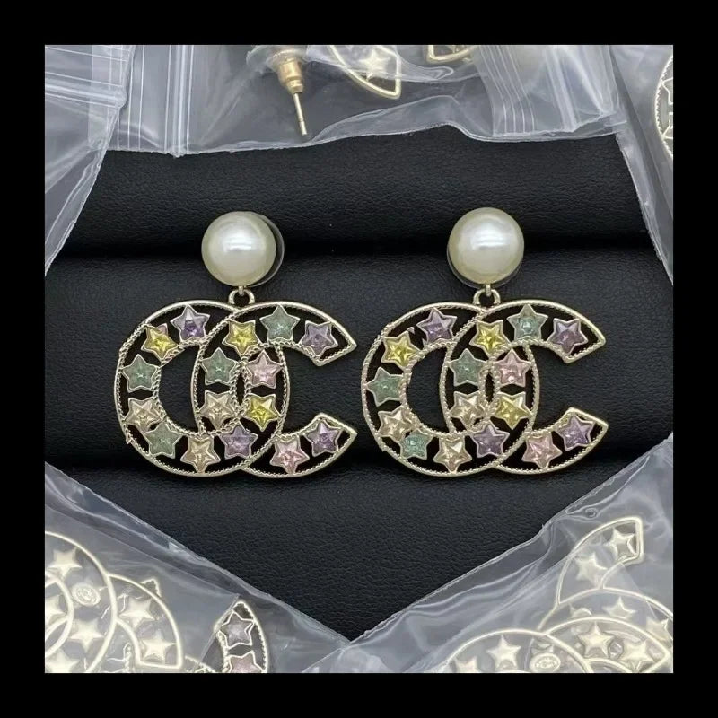 New Love Double Letter Stud Earrings, Fringed Stars Fashion Light Luxury Versatile Same Style