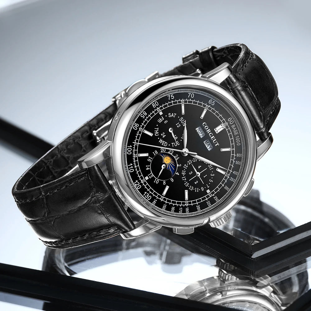 Corgeut 42mm Automatic Mens Watch Rose Gold Case Moon Phase Full Calendar Week Display Leather Strap Stainless Steel