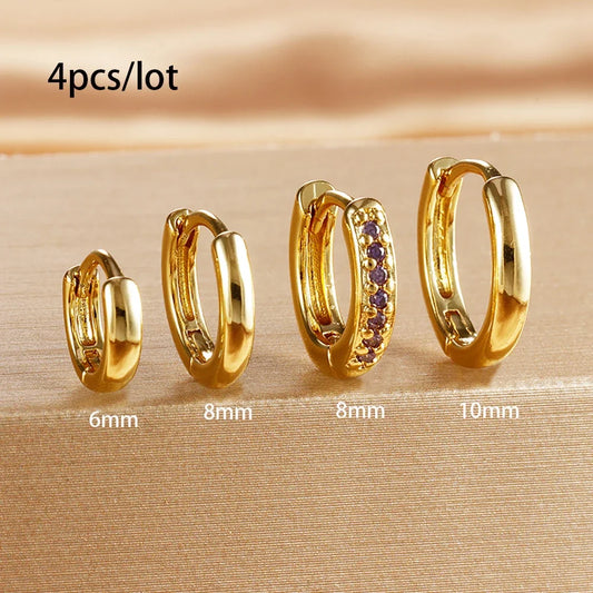 4Pcs Set Stainless Steel Huggie Minimal Hoop Earrings 6mm 8mm 10mm Crystal Zirconia Helix Tragus Cartilage Earrings