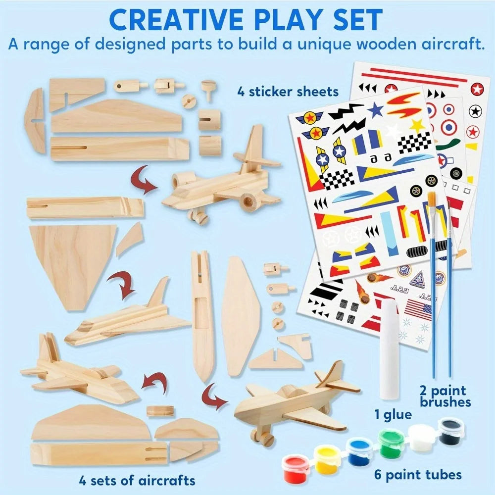 JOYFY 4Pcs DIY Wooden Aircrafts-Build & Paint Your Own Wooden Airplane Craft Kit Easy to Assemble  for Boys 6-12 Birthday Gifts