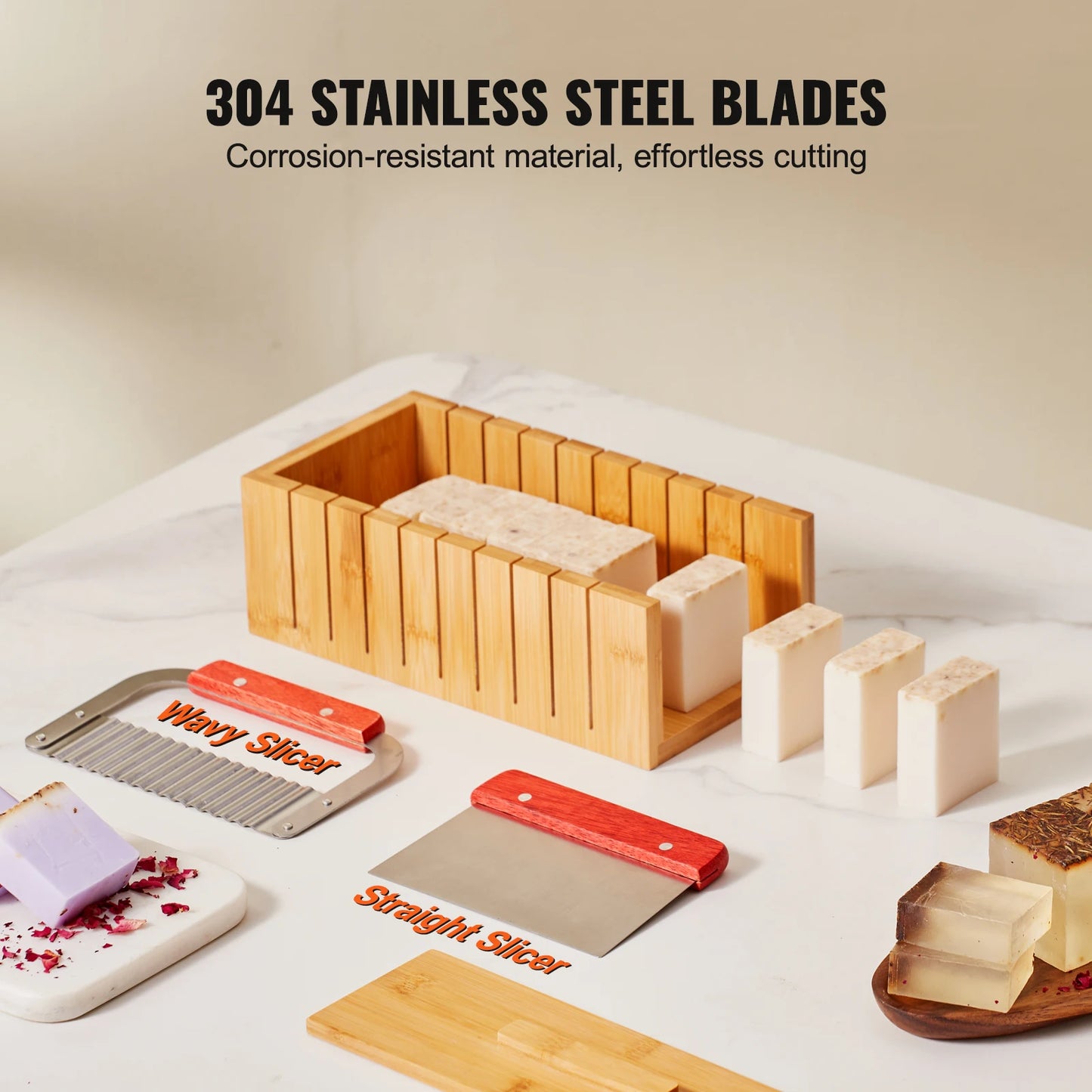SucceBuy Soap Making Kit Bamboo Cutting Box and Inner Box with Silicone Mold Stainless Steel Straight Cutter and Wavy Cutter