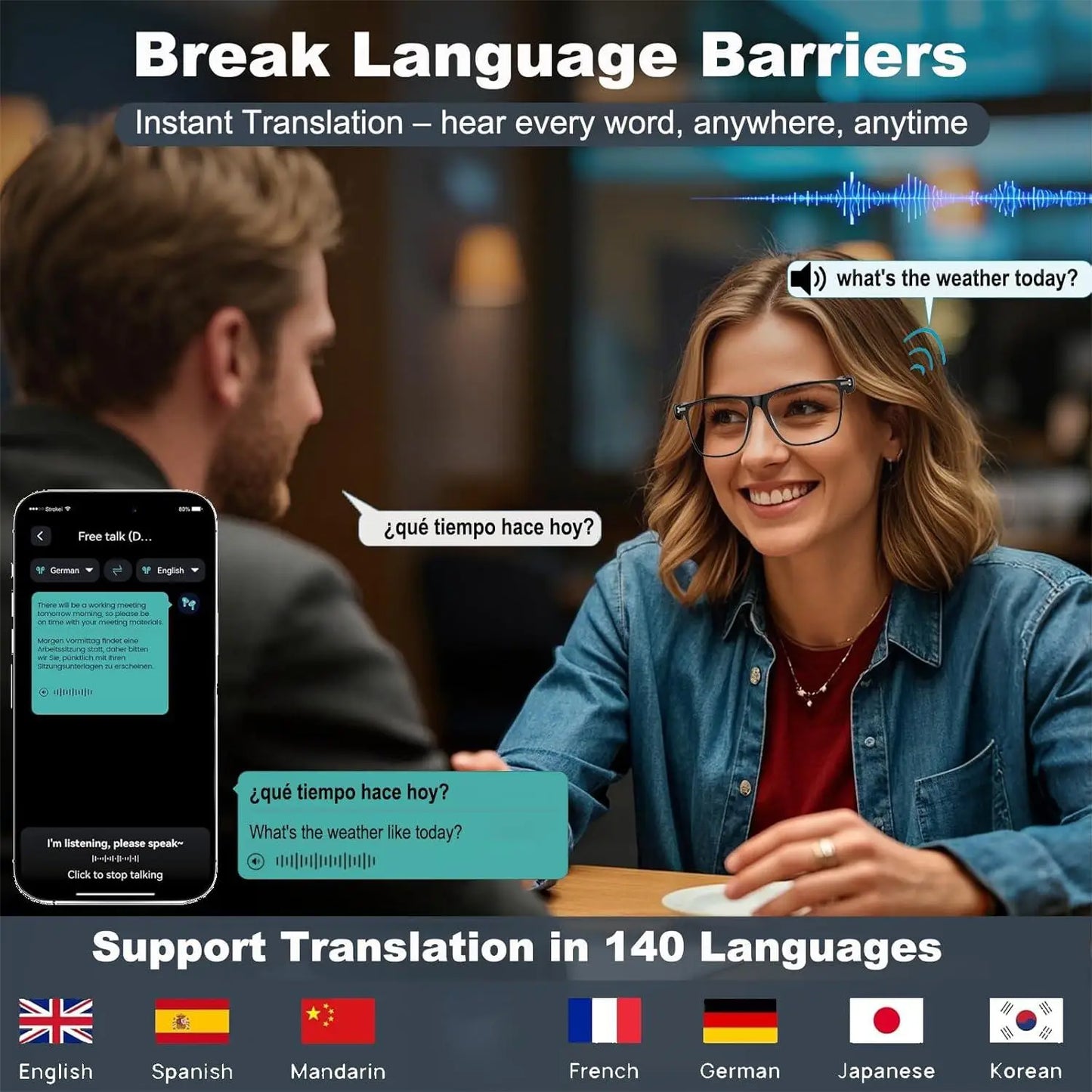 Giinova AI Translation Smart Glasses With Photochromic Lenses Real Time Translation In 160 Languages Bluetooth